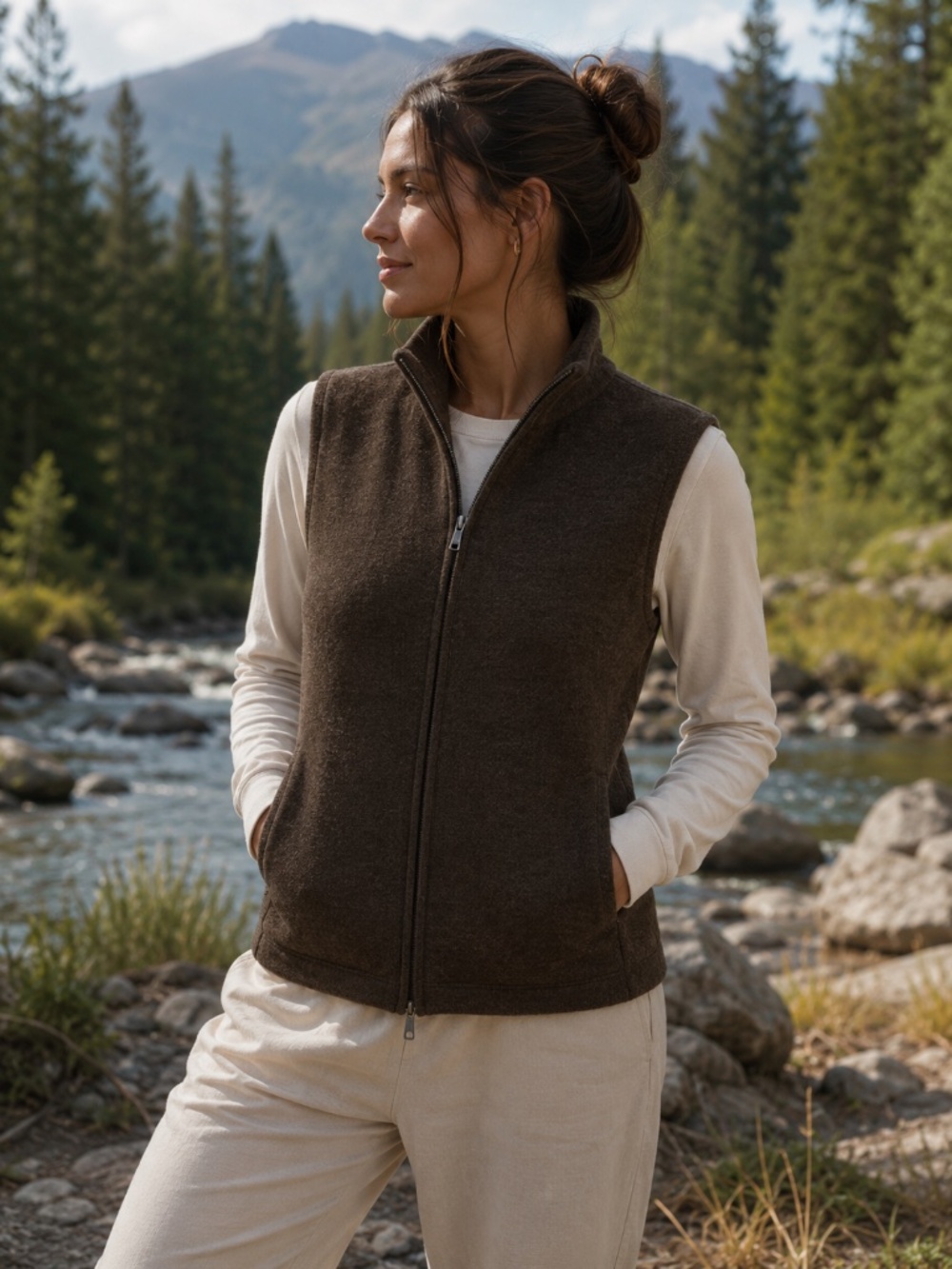 Women's Brown Zip-Front Fleece Vest